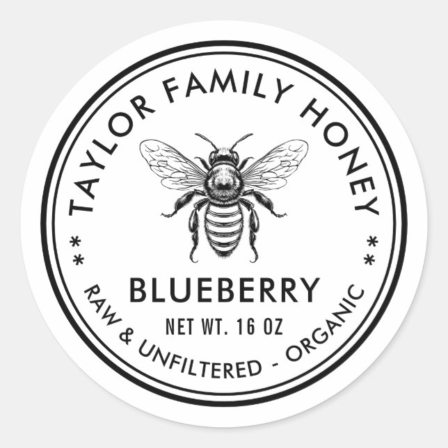 Etikett för blåbärshonung med honungsbin (Framsida)