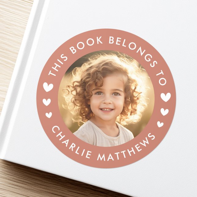 Etikett för fotohjärtan terracotta brun bibliotek  (Photo hearts terracotta brown library book label)