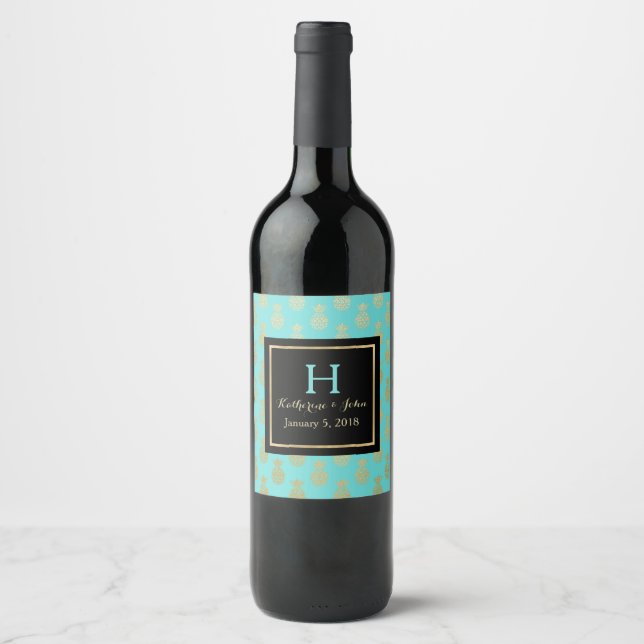 Etikett för gyllene ananas Monogrammed Bröllop Vin (Framsida)