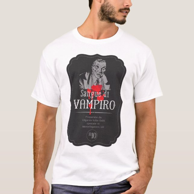 Etikett för Halloween-Vampyre Blood. Vampire Head T Shirt (Framsida)