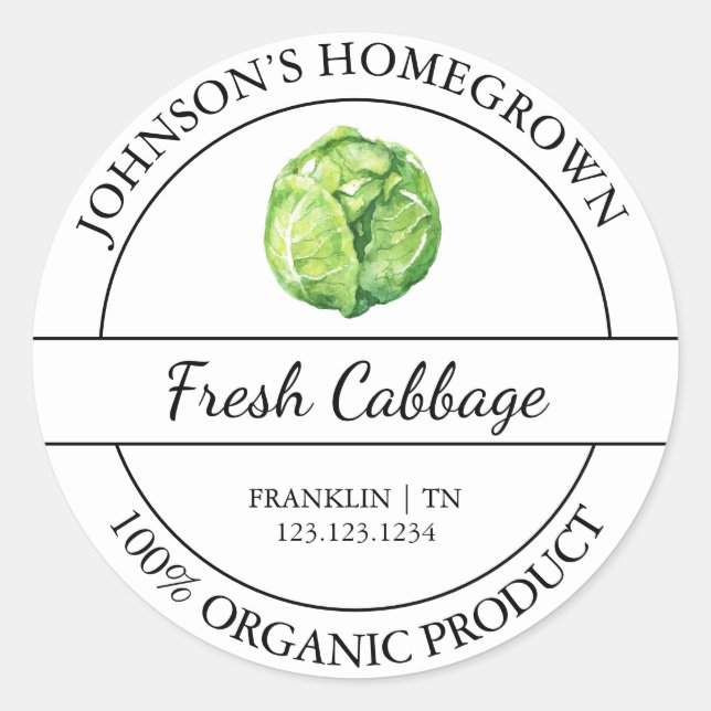 Etikett för hemodlad Garden Fresh Organic Cabbage (Framsida)
