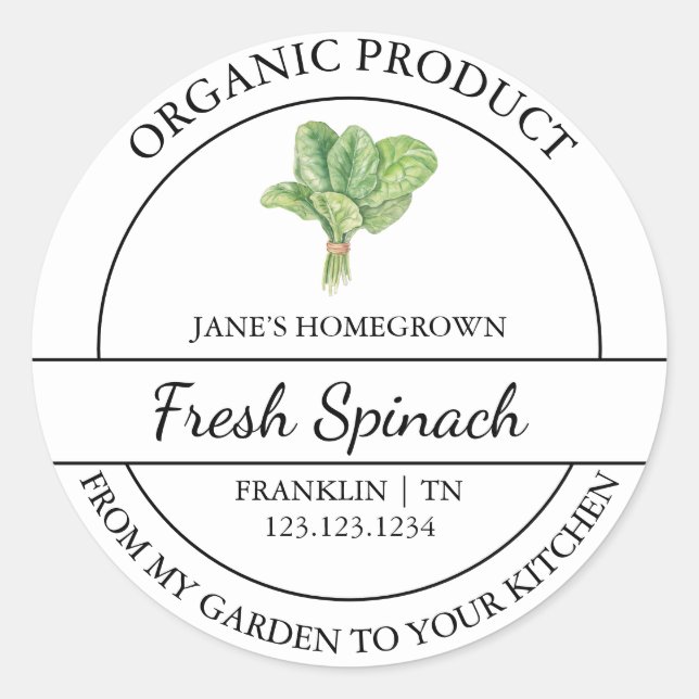 Etikett för hemodlad trädgård Fresh Organic Spinac (Framsida)