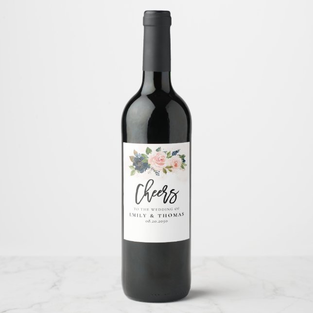 Etikett för marin och  Rosa Blommigt Bröllop Vin (Framsida)