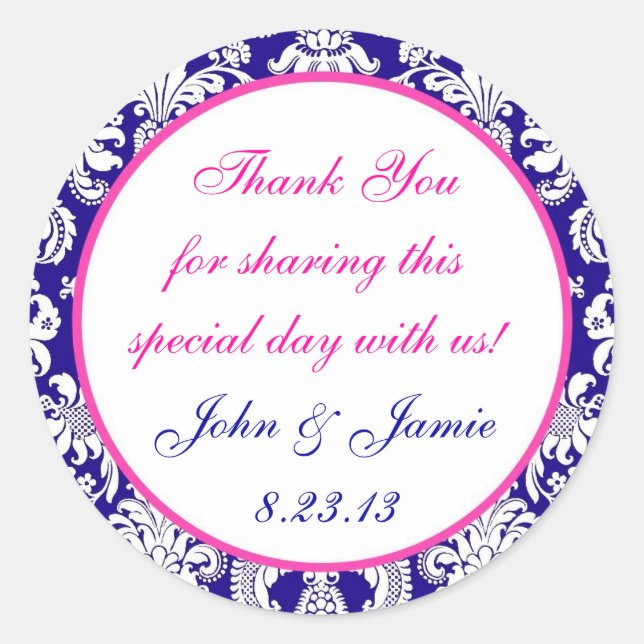 Etikett för marin och Rosa Damask Round Bröllop (Framsida)