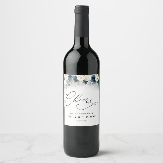 Etikett för marinblått och Vit ros Bröllop Vin (Framsida)