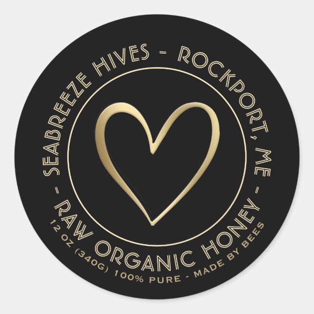 Etikett för metallisk Guld Heart Organic Honung Bu (Framsida)