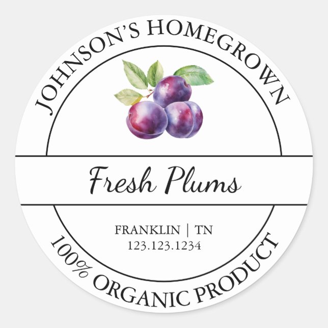 Etikett för organisk plommon, odlad trädgård, färs (Framsida)