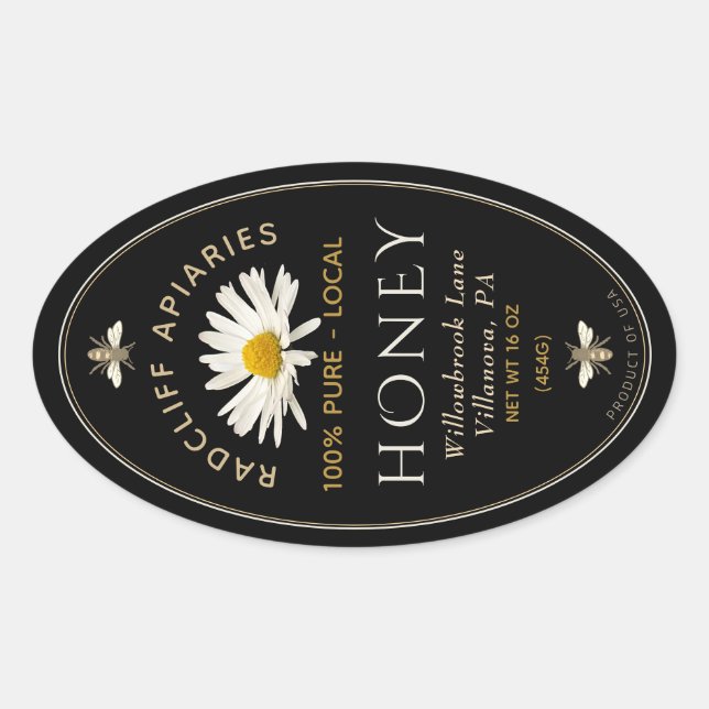 Etikett för ovalshonung med heraldiska bin och dai (Framsida)