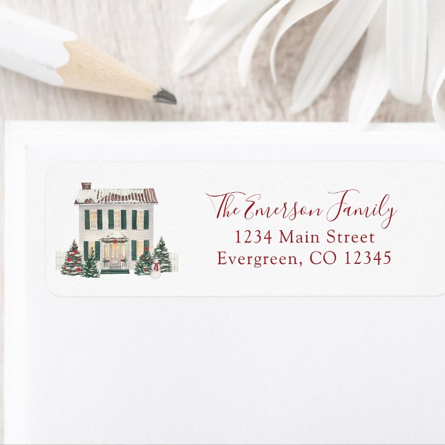 Etikett för returadress till hemmet (Watercolor Christmas Colonial House Personalized Return Address Label by Painted Paperie
)