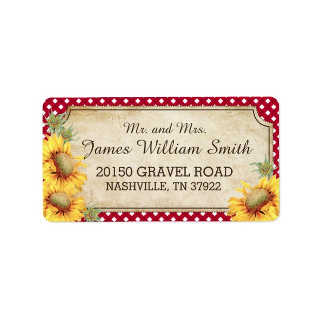 Etikett för solblommor Rustic Land Picnic Bröllop Adressetikett (Framsidan)