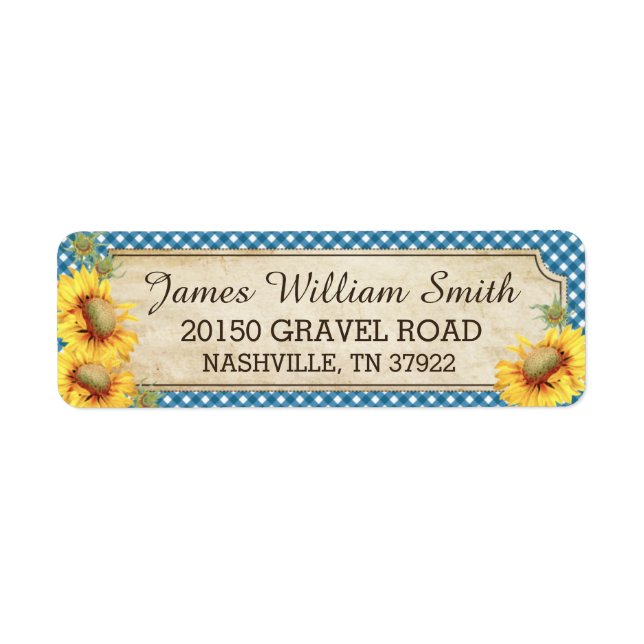 Etikett för solblommor Rustic Land Picnic Bröllop Returadress Etikett (Framsidan)