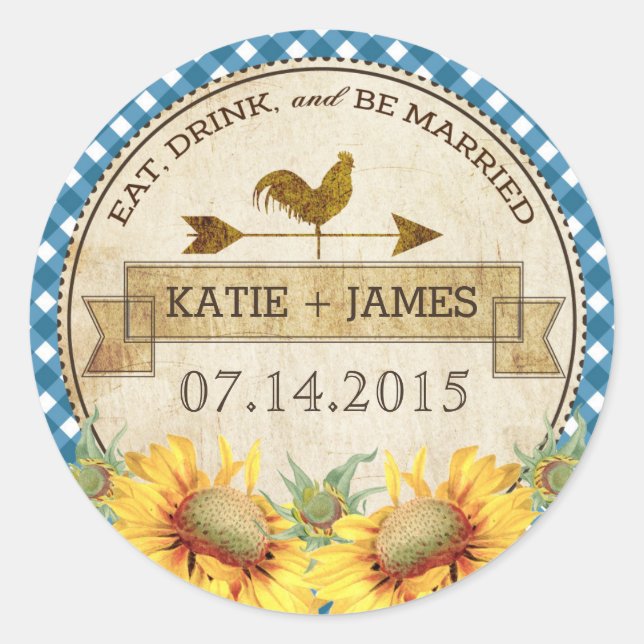 Etikett för solblommor Tupp Rustic Bröllop (Framsida)