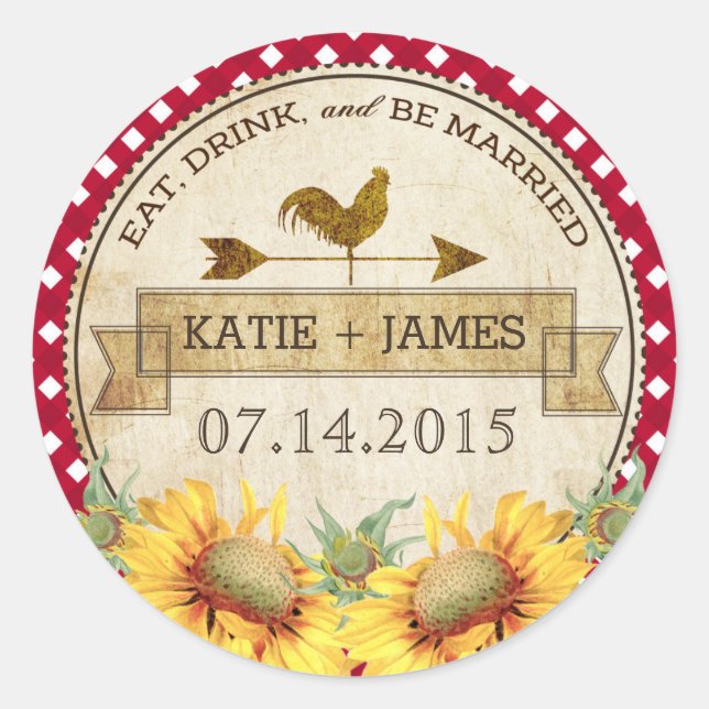 Etikett för solblommor Tupp Rustic Bröllop (Framsida)