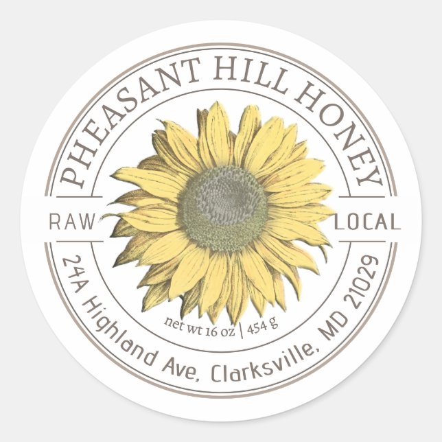 Etikett för solrosfrö rå honung (Framsida)