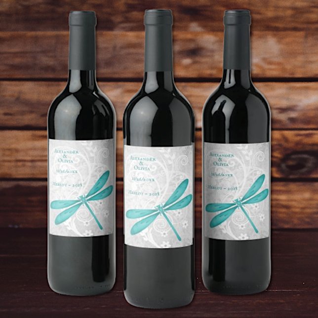 Etikett för Teal Dragonfly Bröllop Vin (Teal Dragonfly Wedding Wine Label)