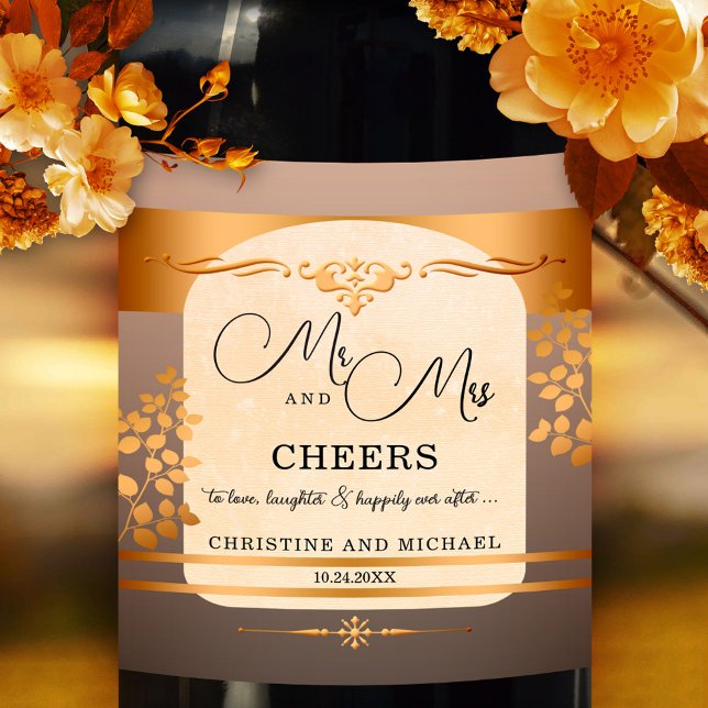 Etikett för Terra Cotta Ro Guld Bröllop Vin (Elegant wedding wine label in rose gold and terra cotta with fall leaves. Great for a fall wedding)