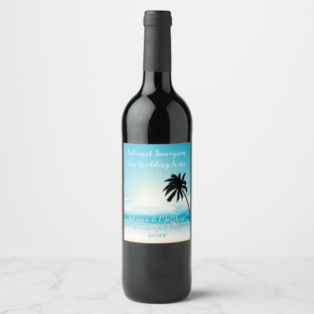 Etikett för Tropical Beach Teal Bröllop Vin (Framsida)