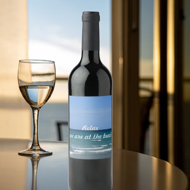 Etikett för tydlig turkos strand flaska (Wine and dine at the beach with a custom label
)