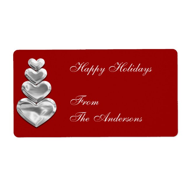 Etikett Gift Sticker Silver Hearts on Red Fraktsedel (Framsidan)