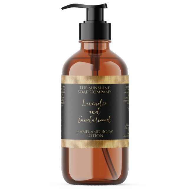 Etikett i vävd guld folie och svart kosmetikflaska (Skapare uppladdad)