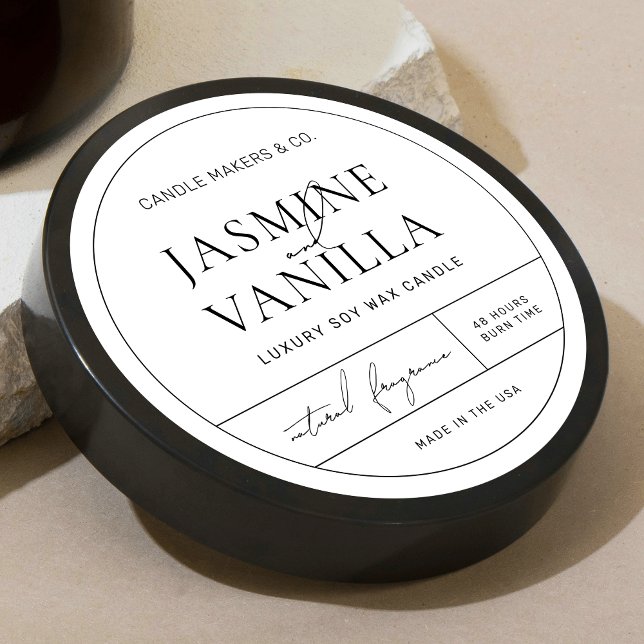 Etikett med minsta Elegant Svartvit runda ljus Bur (Elegant minimalist round candle label in black and white apothecary style design)
