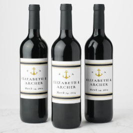 Etikett Nautiskt monogram Bröllop Black Guld Vin