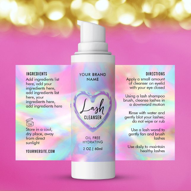 Etikett Neon Holography Girly Lash Cleanser Flaska (Trendy holographic neon effect lash bath cleanser wraparound product labels )