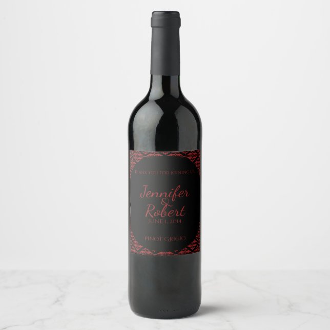 Etikett Red and Black Damask Gothic Bröllop Vin (Framsida)