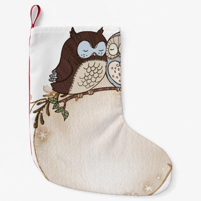 Etikett vattenfärg söt märkre uggla liten julstrumpa (Framsidan)