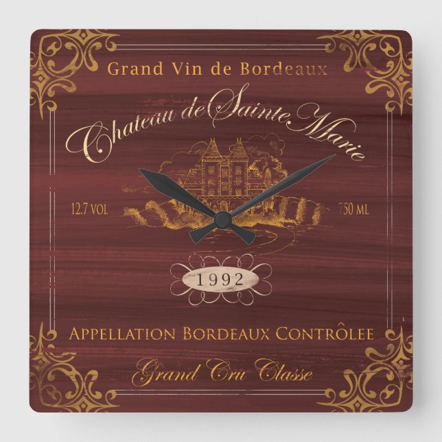 Etikettchateauen för franskt vin tar tid på fyrkantig klocka (Framsida)