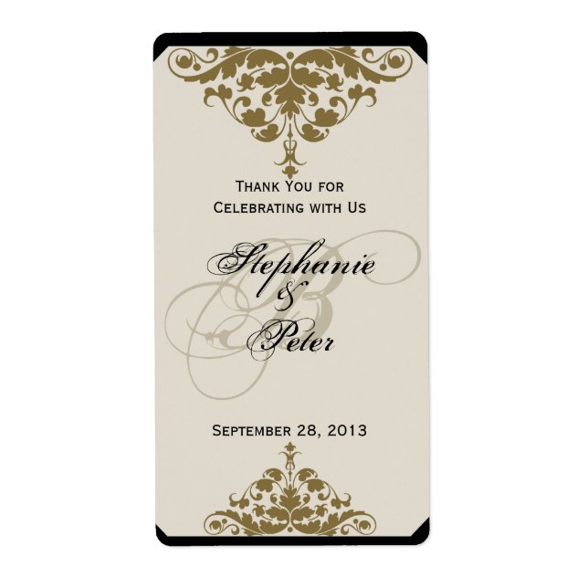Etiketten Ivory Black och Guld Damask Wedding Vin Fraktsedel (Framsidan)