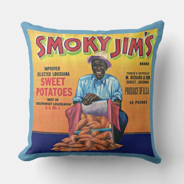 Etiketten Rökig Jim's sötpotatis låda från 1940-ta Kudde (Framsida)