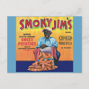 Etiketten Rökig Jim's sötpotatis låda från 1940-ta Vykort