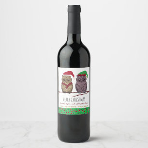 Etiketten Santa Uggla och Elf Uggla Vin Vinflaska Etikett