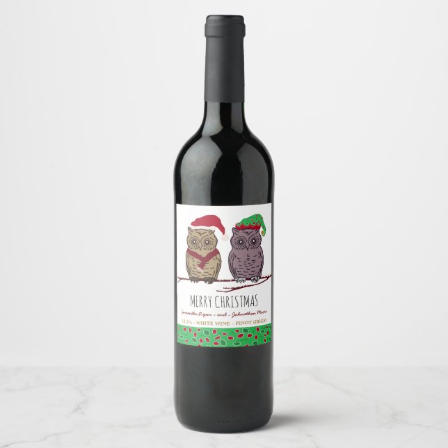 Etiketten Santa Uggla och Elf Uggla Vin Vinflaska Etikett (Framsida)