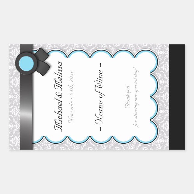 Etiketter för Aqua Blue & Grått Damask Wedding Vin (Framsida)