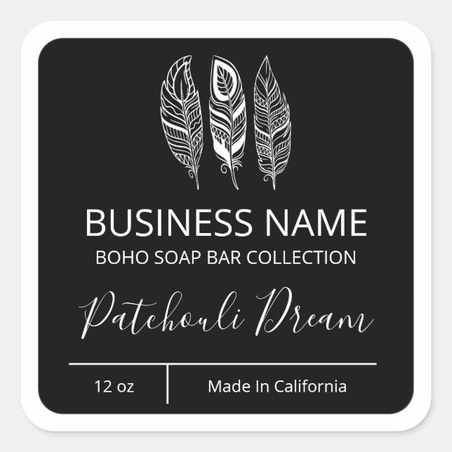 Etiketter för Boho Feather Black Soap Pub (Framsida)