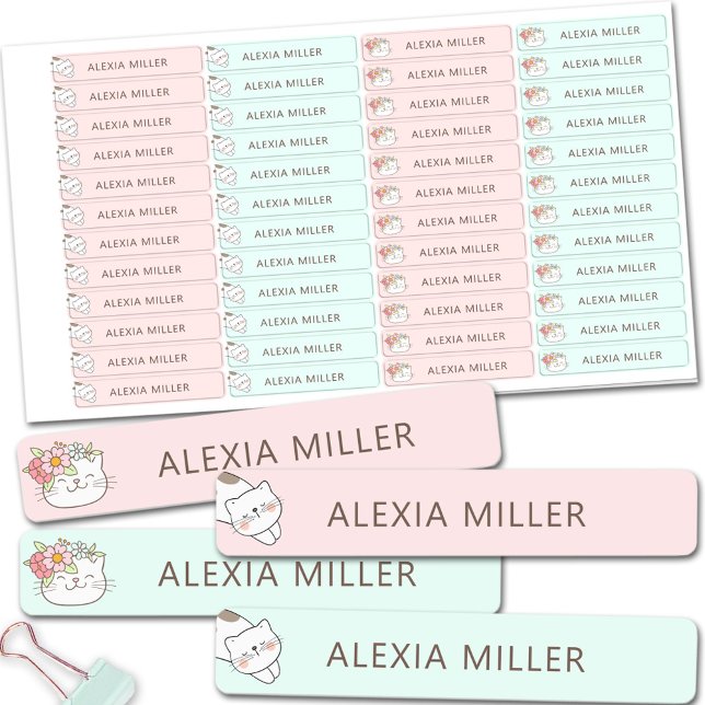 Etiketter för Cute Cat Rosa Blue Girl School Namn (Cute Cat Pink Blue Girl School Name Labels)