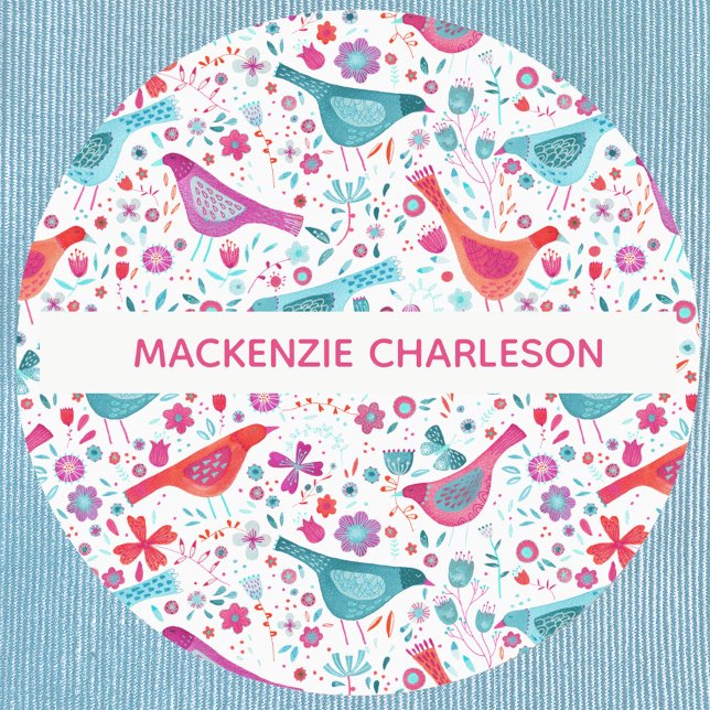 Etiketter för eget namn på vattenfärgsfåglar och b (Pretty watercolor bird and flower personalized custom name clothes label)