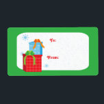 Etiketter för julklapp i helgdag-märkrn fraktsedel<br><div class="desc">Den här julklappens märkre har två presenter staplat på varandra och blått snöflingor faller. ©2010 JD Digi-design</div>