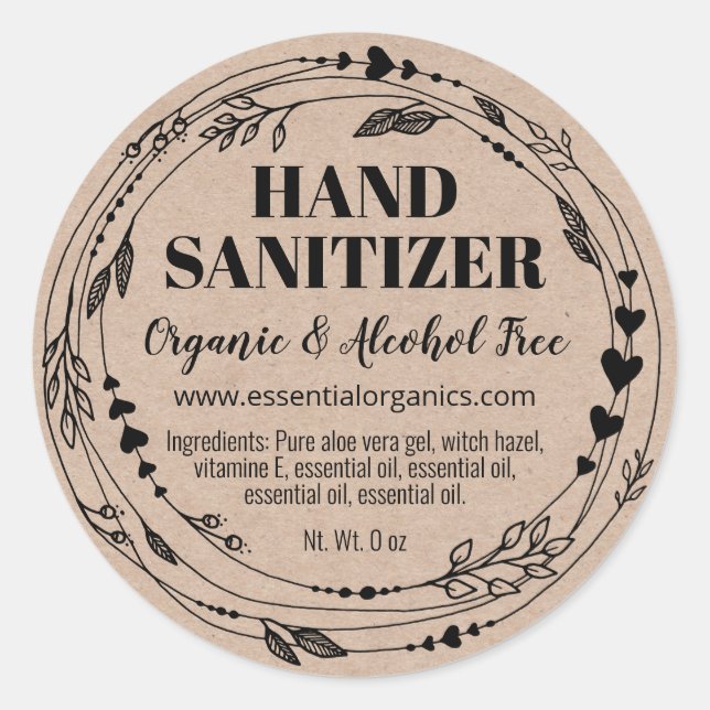 Etiketter för Organic Löv Homemade Hand Sanitizer (Framsida)
