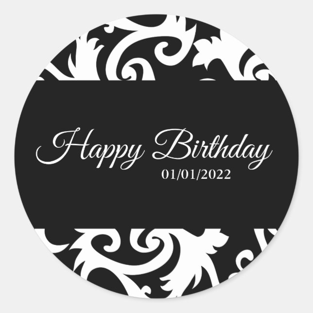 Etiketter för rund svart- och vitskadestämpel (Framsida)