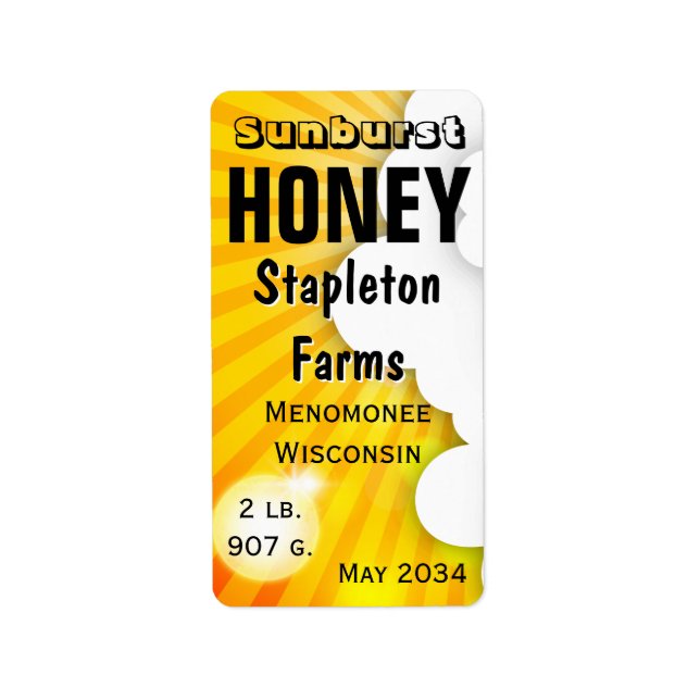 Etiketter för sunburst and Clouds honey Burk Adressetikett (Framsidan)
