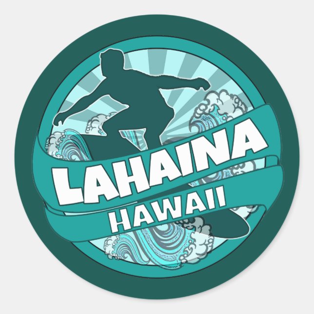 Etiketter för teal surfer logotyp i Lahaina Hawaii (Framsida)