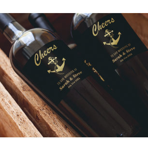Etiketterna Cheers Nautical Bröllop Guld och Black Vinflaska Etikett