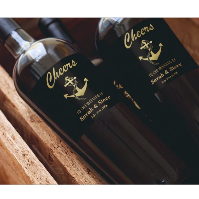Etiketterna Cheers Nautical Bröllop Guld och Black Vinflaska Etikett (Skapare uppladdad)