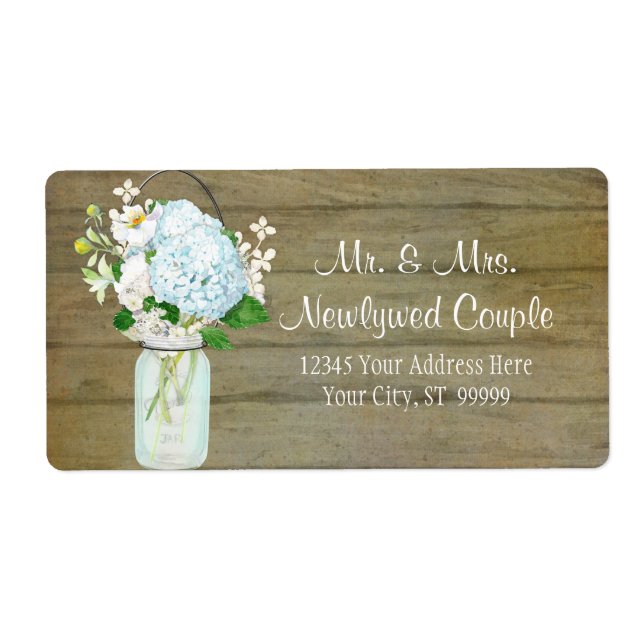 Etiketterna Rustic Land Mason Burk Blue Hydrangeas Fraktsedel (Framsidan)