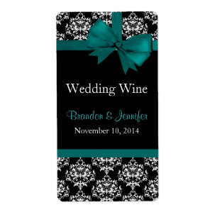 Etiketterna Teal Bow and Damask Wedding Mini Vin Fraktsedel