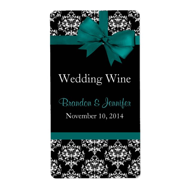 Etiketterna Teal Bow and Damask Wedding Mini Vin Fraktsedel (Framsidan)