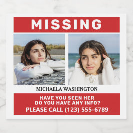 Etikettuppsättningen "MISSING PERSON" för foton oc Ölflaska Etikett